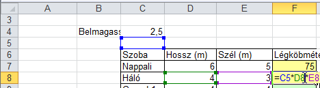 Az F7 cellában lévő képlet kitöltésekor a C4-es hivatkozásnak nem szabadna változni! (A magasság mindig a C4-ben van!