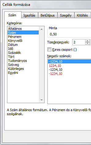 í r t a : V i d a A t t i l a - w w w. h a n s a g i i s k. h u 49 Egyéni számformátumok A számformátumokat kódok írják le. A kódok ismeretében nagyon hasznos kijelzéseket lehet létrehozni.