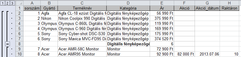 Kijelölés és sorrendezés kategória szerint AdatokRészösszegek. Csoportosítási alap: az a mező (pl. kategória), amely szerint az Excel csoportosítja a listát.