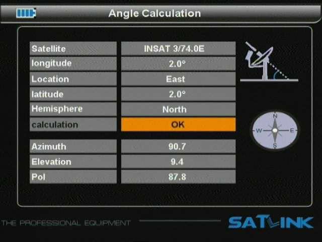 Angle calculation Ez a menüpont az antenna beállításhoz nyújt segítséget. Satellite-nál válasszuk ki azt a holdat amit beszeretnénk állítani.
