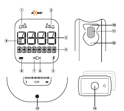 Vezérl ő gombok és a kijelz ő 1. Ébreszt ő 1 2. Ébreszt ő 2 3. Id ő 4. Menü kijelz ő 5. Energiaellátás jelz ő 6. 2. Személy mozgása 7. 1. Személy mozgása 8.