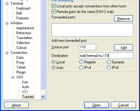 SSH Tunneling (4) A kliensen kell beállítani - másik szerver destination: mail.