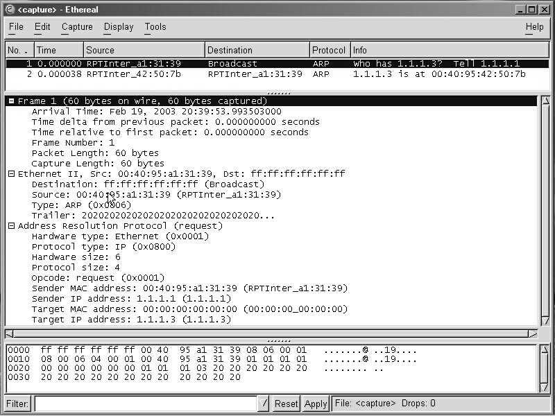 Mérés Az Ethereal programmal elkaptunk (capture) két Ethernet keretet. Az első egy kérdés a második pedig a válasz.