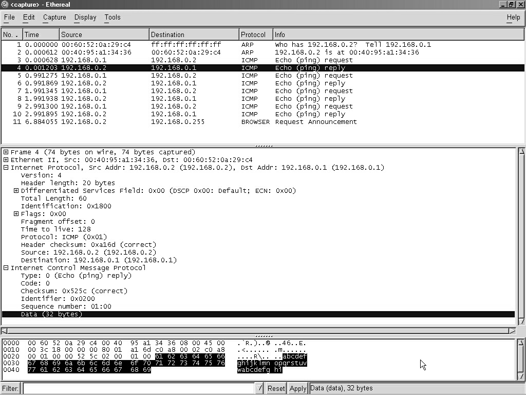 A PING 192.168.0.2 mérése: Tehát egy IP címet pingeltünk. Az IP gyorsan hívta az ARP-t, hogy mondja meg mi a MAC címe a 192.168.0.2 interfésznek.