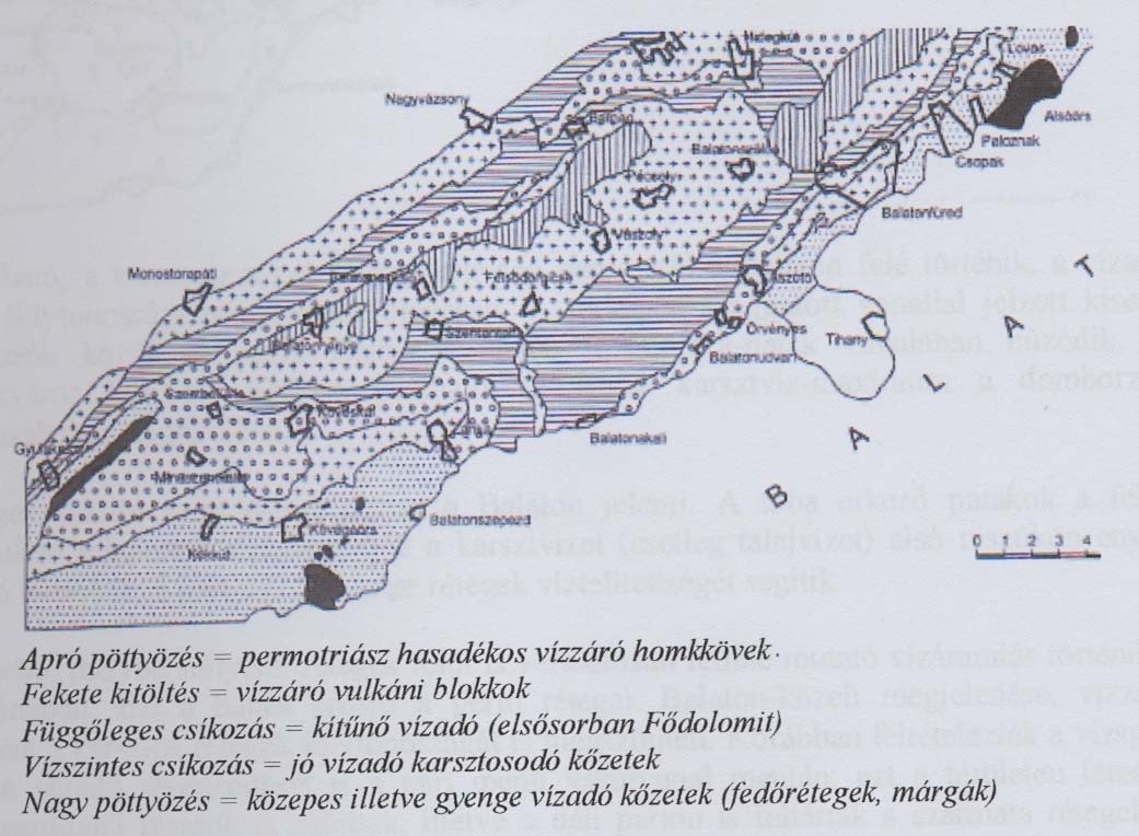 Balaton-felvidék vízadó képződményeinek térképe (Gondárné Söregi Katalin és Gondár Károly geológusok szakdolgozata nyomán) A) A perm és alsó triász homokkövek repedéseiben és legfelső, regolitos