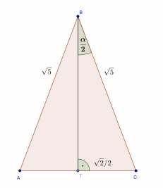II Megoldás: Ha a négyzet oldala egység, akkor (Pitagorasz tétellel számolva) a háromszög oldalai:,, A háromszöget az alaphoz tartozó magassággal két derékszögű háromszögre bontjuk: α sin = α 0,, így