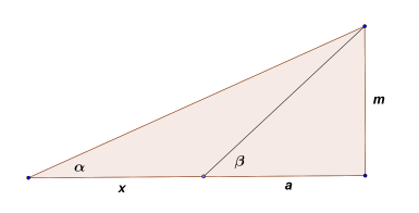 Megoldás: m tg α = és x+ a m tg β = a m = x+ a tg = a tg Ezekből: ( ) α β, így x tgα a = tgβ tgα x tgα tgβ A torony magassága: m = a tgβ = tgβ tgα Az ABC háromszög A csúcsánál levő szög 0, az innen