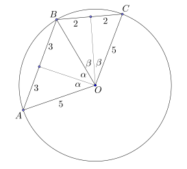 Egy egység sugarú kör kerületének egyik felén az A, B és C pontok ebben a sorrendben helyezkednek el AB =, BC = Milyen hosszú az AC szakasz?