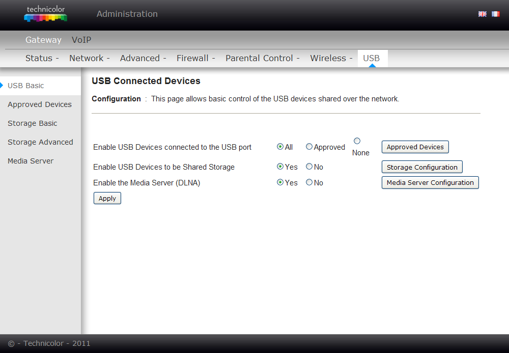 USB háttértár (USB) 1. USB háttértár beállítások (USB Basic Settings) Ezen az oldalon keresztül biztosítható a hálózaton keresztül megosztott USB eszközök alapvető felügyelete.