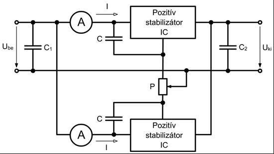stabilizálás A feszültségstabilizátorokat csak nagyon pontos párba válogatással lehet párhuzamosan kapcsolni, vagy a következı ábra szerinti szimmetrizálást kell