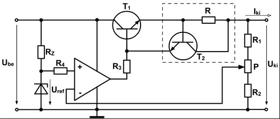 A áramkorlátozó túláramvédelem áramköri megoldása Visszacsatolt mőveleti erısítıs soros feszültségstabilizátor kapcsolási rajza Visszacsatolt mőveleti erısítıs soros feszültségstabilizátor