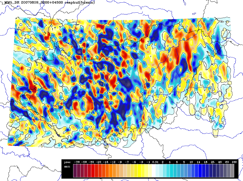 5.21. ábra. A csapadék 48 órás összegének térbeli különbségei a felszínborítás 20. századi változásainak hatására egy konkrét időjárási helyzetben (2007. 08. 09. 00 UTC + 48 óra).