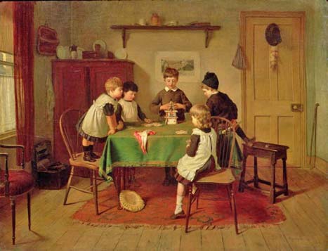 Brooker képein ott a kártyajáték, kártyavárépítés formájában, ami 18. kép A kritikus pillanat (1889). Olaj, vászon, 72 80 cm.