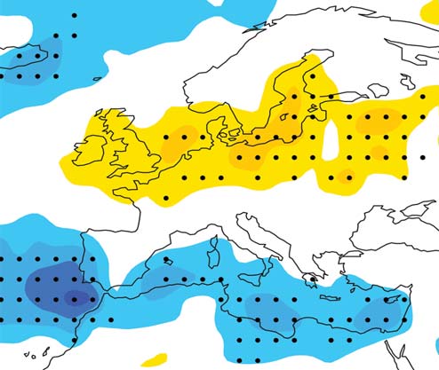 -1-0,75-0,5-0,25 0,25 0,5 0,75 1 4.6. ábra. A maximális szélsebesség 98 százalékának ensemble-átlaga a klímamodell-szimulációkban.