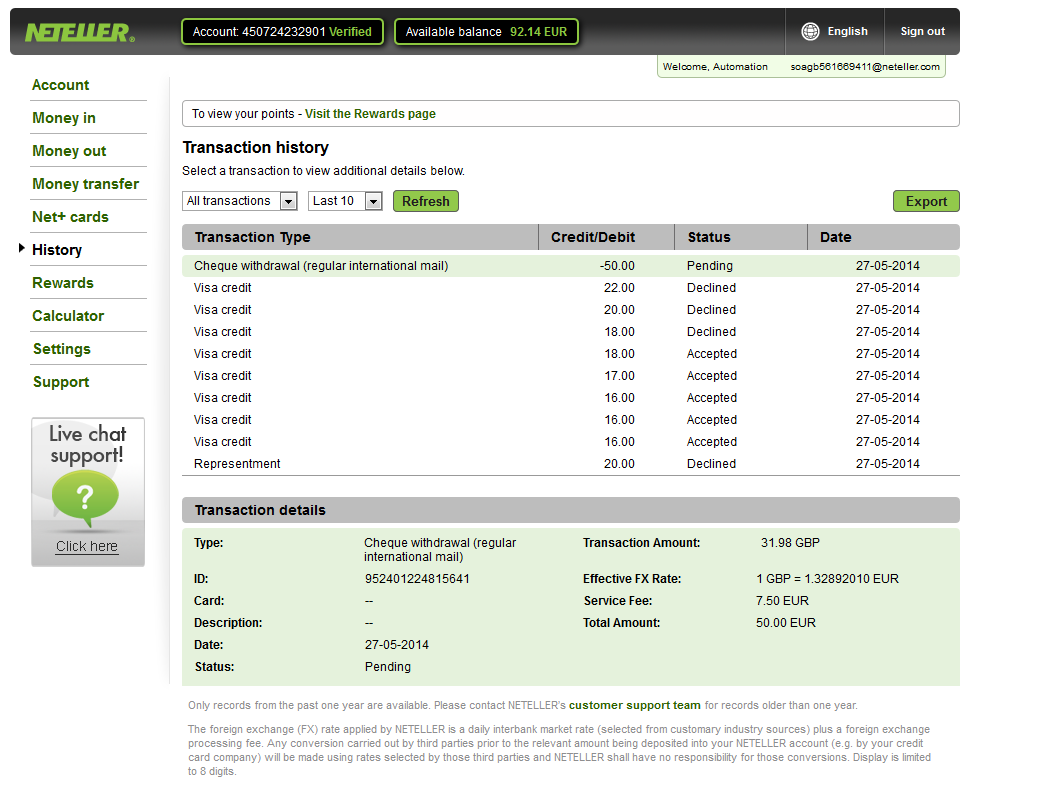 4. A kifizetési tranzakciót az NETELLER-fiók History lapján tekintheti meg.. Keresse a Transaction history fület.