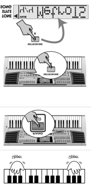 Továbbá hozzáadhat egy automata basszus szólamot is (M.Bass). Lásd, 29. oldal. (1) Nyomja meg az [ORGAN] gombot. Az ORGAN ikon megjelenik a kijelzőn. (2) Most játsszon a jobb és a bal kezével.