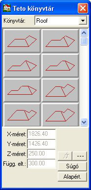 4-9.ábra: Részlet a tetőszerkezet könyvtárból A kiválasztás után beállíthatjuk a tető méretét, vagy elfogadhatjuk a program által javasoltat, mivel az illeszkedik a felvett alaprajzhoz.