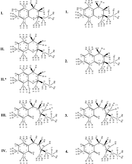 A 6. ábra mutatja be az -tokoferol ionos, illetve a gyökös mechanizmusú oxidációjában részt vevő vegyületek, intermedierek és a keletkező termékek atomjainak számozását. 6. ábra Az -tokoferol oxidációs reakcióiban részt vevő vegyületek, és atomjaik számozása (Setiadi et al.