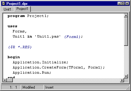 A Delphi ugyanis az általunk vizuális módon szerkesztett form, illetve a komponensek Pascal-kódját rögtön magától beilleszti az aktuális unit (Pascal nyelven egység, azaz forráskódot tartalmazó