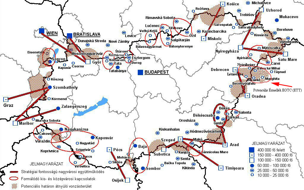 6. ábra Potenciális város város és város falu együttműködések Magyarország határtérségeiben Forrás: Koncz G. (2008) alapján részben átszerkesztve.