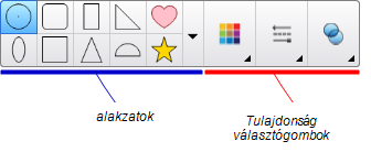 F E J E Z E T 4 Alapbjektumk létrehzása Alakzat létrehzása 1. Nymja me az Alakzatk mbt. Mejelennek az Alakzatk eszköz mbk. 2. Jelöljön ki az eszköztárból ey alakzatt.