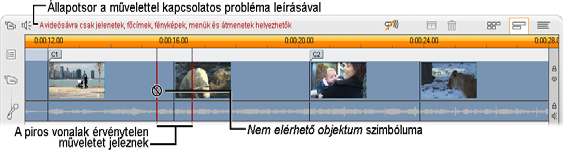 Ha például hangot próbál a videósávra húzni, a pozicionáló vonalak zöldről pirosra váltanak, az egérmutató a másolás jel helyett a nem érhető el alakra