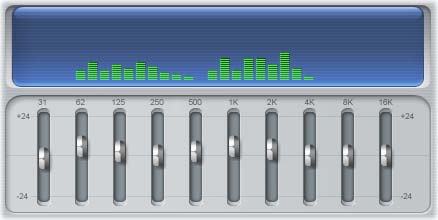 A csúszkák segítségével 48 decibeles tartományban (-24 és +24 db között) növelheti vagy csökkentheti az egyes sávok frekvenciáinak a teljes hanghoz való hozzájárulását.