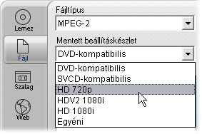 dekóderszoftver van telepítve. Az MPEG-2 mentett beállításkészletei közül kettő támogatja a HD (nagy felbontású) lejátszóeszközöket.