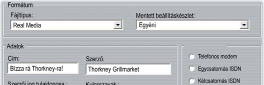 Adatbeállítások A Sony PSP-kompatibilis fájltípus egy Adatok nevű területtel is rendelkezik, amelyben megadható a mentett film címe.