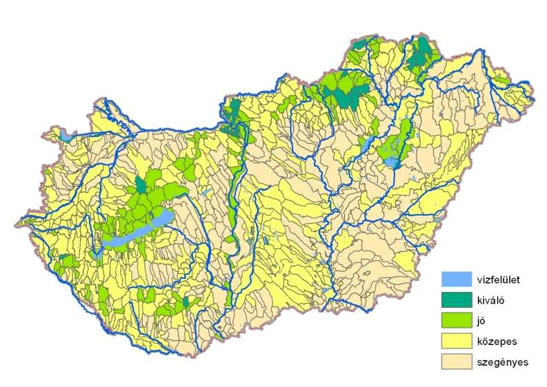 1-5 ábra: Vízgyűjtő területek minősítése biológiai aktivitásértékük alapján Fontos a mezőgazdasági területekre kijuttatott agrokemikáliák (műtrágyák, növényvédő szerek) felhasználásának vizsgálata.