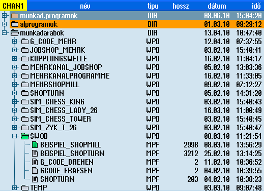 Programokat kezelni 9.1 Áttekintés Aktív programok A kiválasztott, vagyis aktív programok egy zöld szimbólummal vannak megjelölve. Kép 9-2 Zölddel ábrázolt aktív program 9.1.1 NC-tároló Kijelzésre kerül a teljes NC-munkatároló az összes munkadarabbal, továbbá fő- és alprogramokkal.