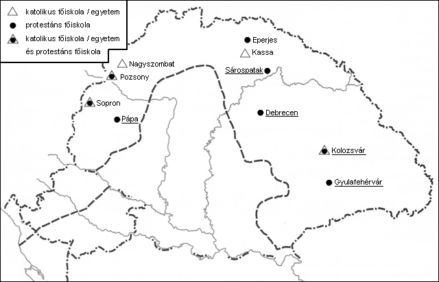 5. A feladat a XVII. századi Magyarország kulturális életével kapcsolatos. Oldja meg a feladatokat a térképvázlat és ismeretei segítségével! (Elemenként 1 pont.