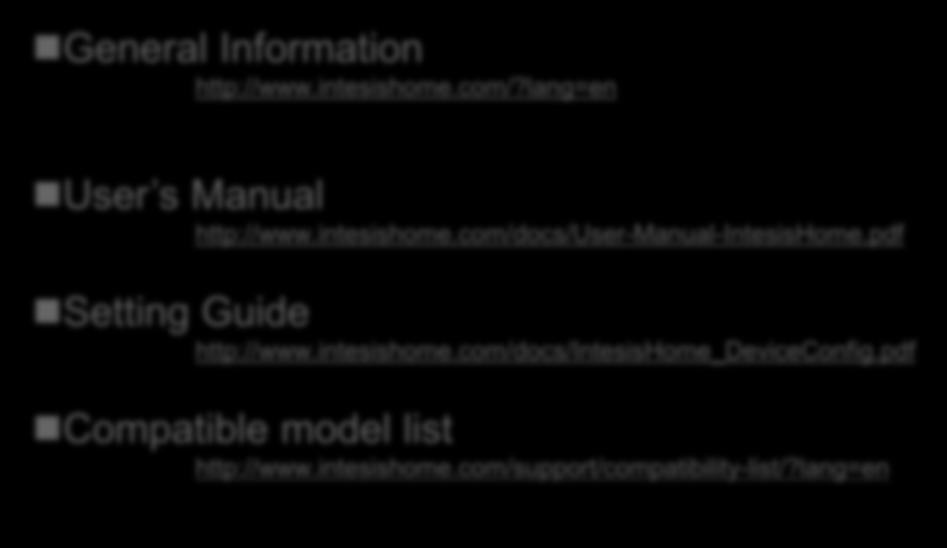 Service Web Pages General Information http://www.intesishome.com/?