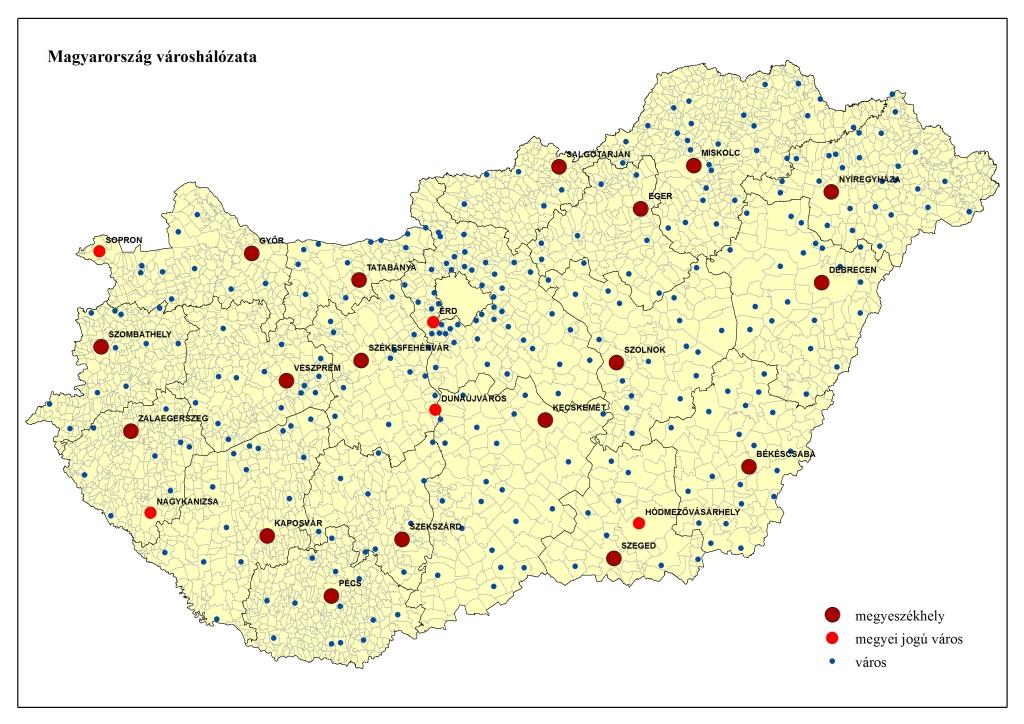 2. ábra: Magyarország városhálózata, 2014 A magyar városhálózatra jellemző a kiemelkedő, domináns szerepű főváros, a területi szinten jelentős, térségi központ funkcióval rendelkező megyei jogú