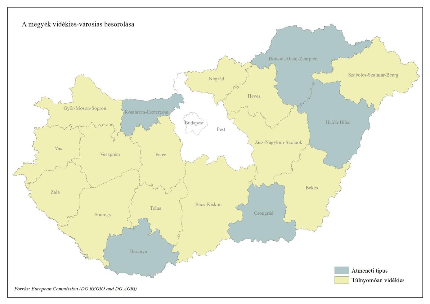 3. ábra: A megyék besorolása városi-vidéki jelleg szerint (Eurostat, 2011) - (4) Az elmaradott térségek és kistelepülések komplex problematikájának másik gazdasági fejlettségi törésvonala a fejlett