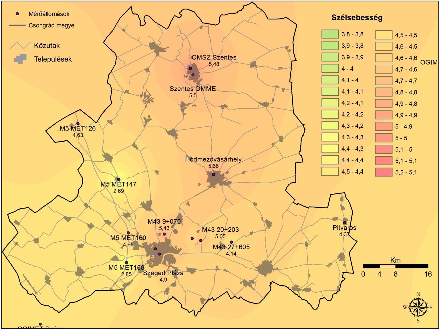 Csongrád megye szélsebesség térképe 100 m magasságban számolt 2012.