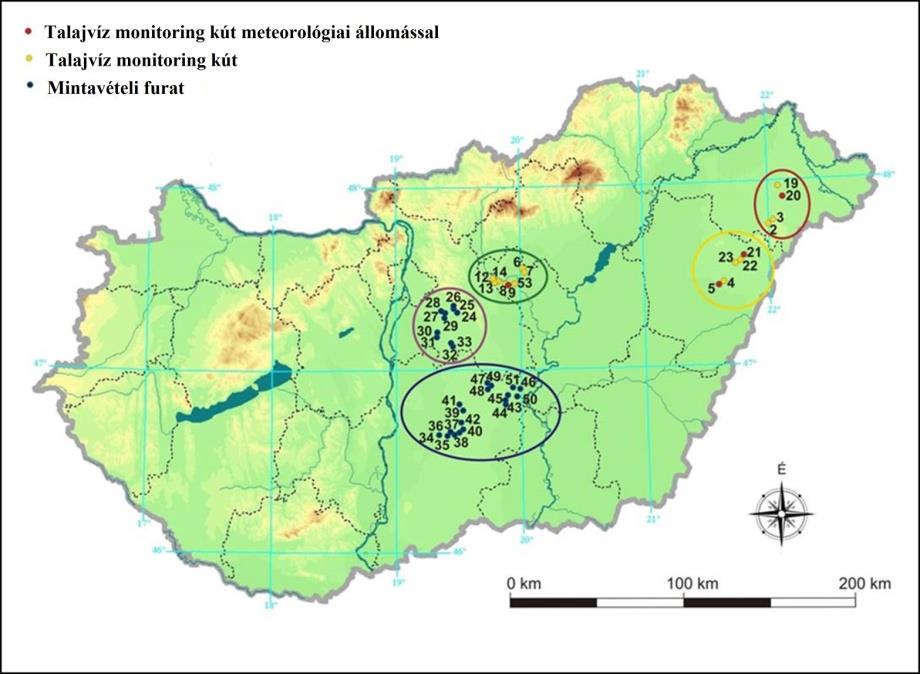 1. ábra: A mintaterületek elhelyezkedése az Alföldön. Mintavételi régiók: A: Nyírség, B: Hajdúság, C: Jászság, D: Kiskunság, E: Közép-Duna vidék.