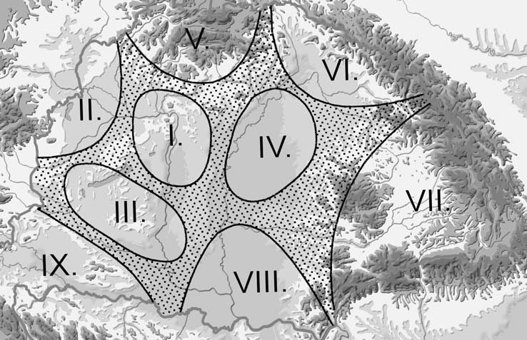 A Kárpát-medence régiói A harmadik térség, Közép- és Dél-Dunántúl már lazább textúrájú, több kisebb központ által szervezett, az elõbbi két,