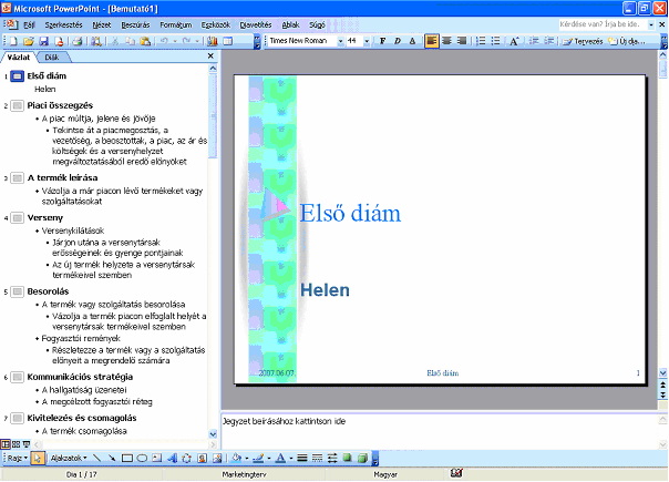 ábra Előadástervező-varázsló eredménye A kész prezentációt Vázlat nézetben jelenítette