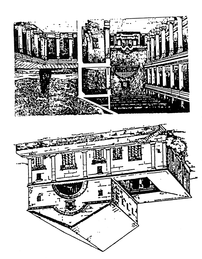 A kafarnaumi zsinagóga IV-V.századi állapotának rekonstrukciója (metszet és távlati kép). A mezopotámiai Dura-Europoszban egy 245-256 között épült zsinagóga és lakóház maradványait tárták föl.