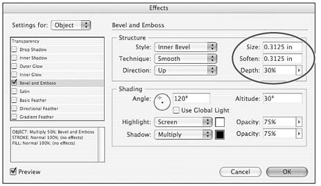 2 Kattintsunk az Effects panel alján az Fx gombra ( ), majd válasszuk ki a legördülõ menübõl a Bevel and Emboss hatást.