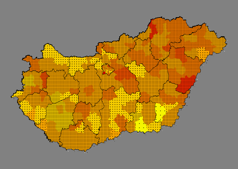 A magyar lakosság általános napi halálozásának (hőhullám időszakán kívüli, nyári) országos szinttől való eltérései 2007.07.16 és 07.
