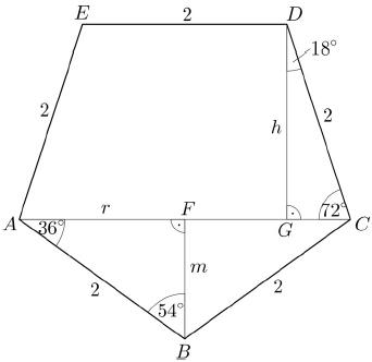Ez a test egy 2 cm oldalhosszúságú szabályos ötszög egyik szimmetriatengelye körüli forgatásával származtatható (lásd az ábrán). a) Hány cm 3 a nehezék térfogata?