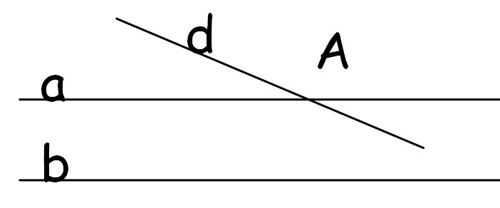 3) Igazoljuk, hogy ha a síkban egy (d) egyenes két párhuzamos a, b egyenesek közül metszi az egyiket (például az a-t), akkor metszi a másikat is.