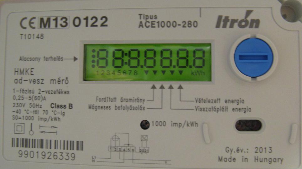 ACE1000-280 (ad-vesz) típusú egyfázisú mérő Háztartási kiserőműi szerződéssel rendelkező fogyasztóknál alkalmazott hatásos, kétirányú, egy tarifás, impulzusadós mérő.