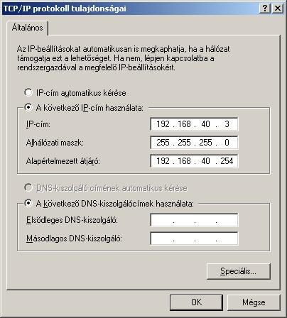 A KLIENS gép beállításai A feladat: Konfigurálja a hálózatában lévő gépeket a következő elvárások szerint: Címzési szabályok: első sor: 192.168.10.0/24 második sor: 192.168.20.0/24 harmadik sor: 192.