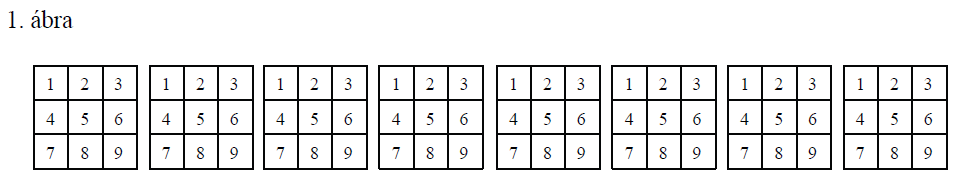 16. (2009. május, 6. feladat, 16 pont: 4 + 3 + 9) Egy nagyvárosban a helyi járatokon olyan buszjegyet kell érvényesíteni, amelyen egy 3 x 3-as négyzetben 1-9-ig szerepelnek a számok (lásd 1. ábra).