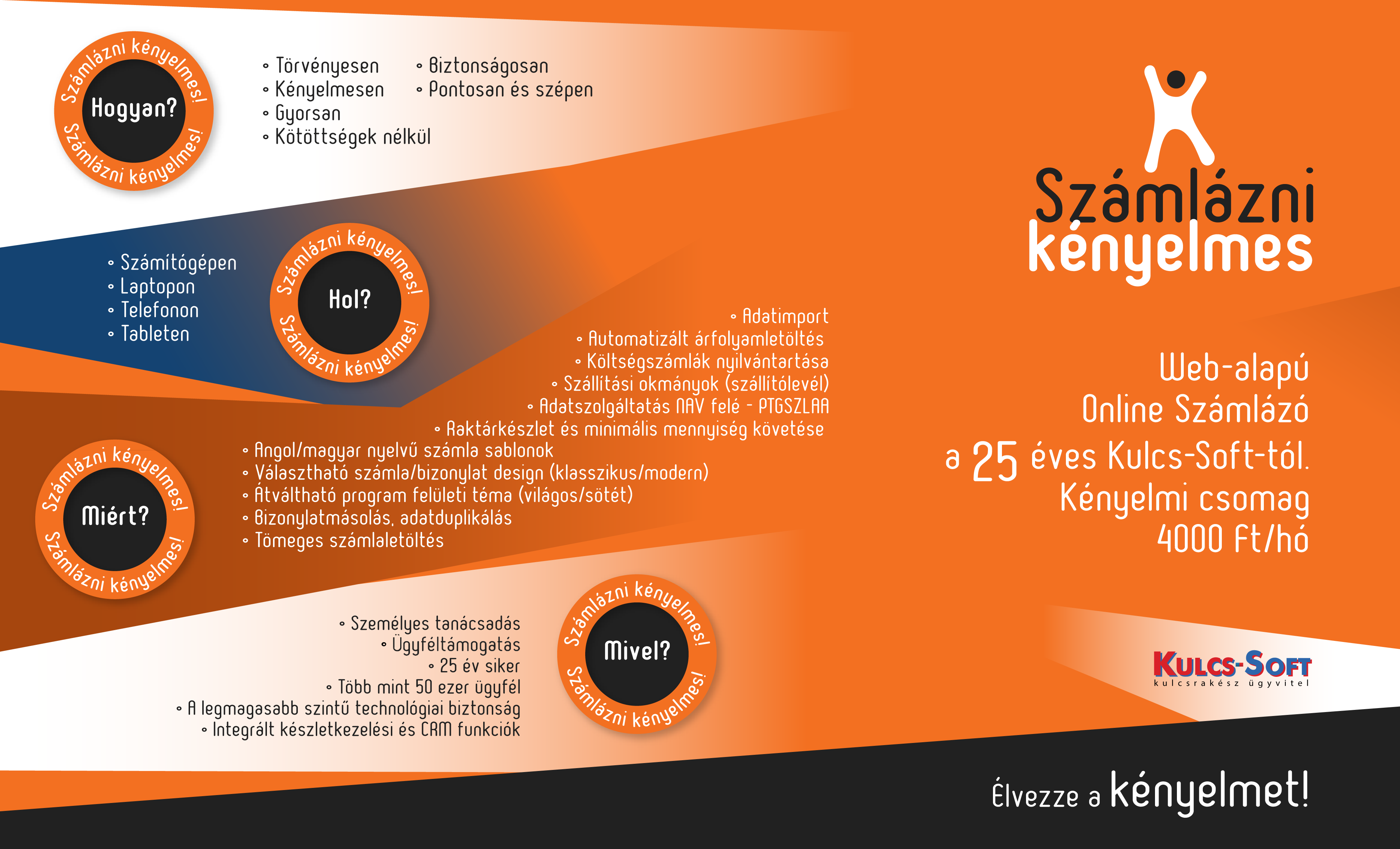 gyorslista Raktárkészlet jelentés Szűrhető és eportálható listák (bizonylat, ügyfél, termék) Grafikusan megjelenített kimutatások Adatszolgáltatás NAV felé PTGSZLAA Kényelmi funkciók Automatizált