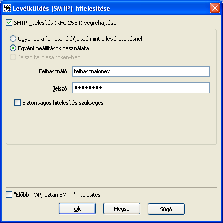 8.3. Kimenő levelek hitelesítésének beállítása Amennyiben a kimenő levelei forgalmát internetszolgáltatóján keresztül biztosítja*, válassza az Egyéni beállítások használata opciót és adja meg a