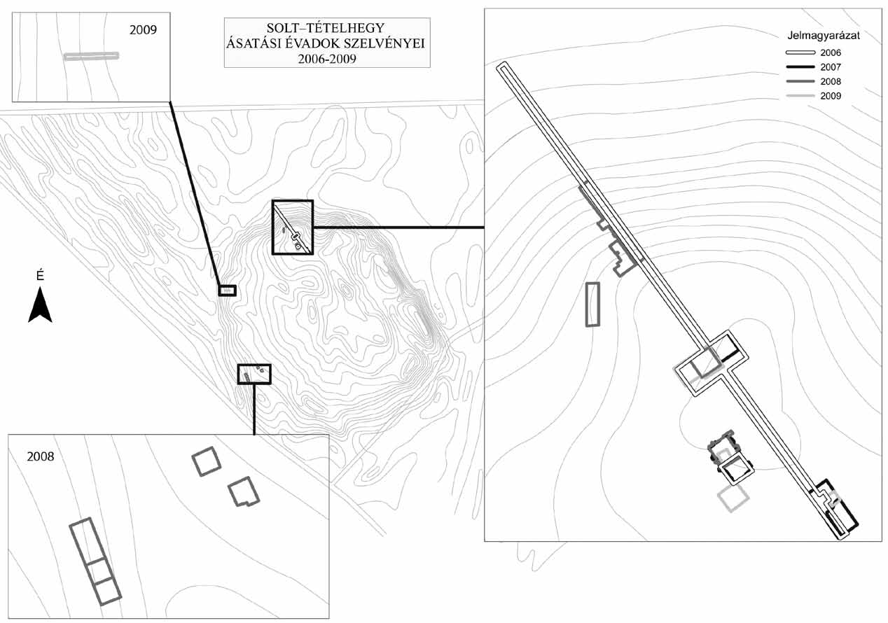 1. kép: A Tételhegy régészetileg vizsgált kutatószelvényei (2006 2009). Dokumentáció: Archeoline Kft.